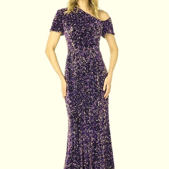 Kay Unger Hutton One Shoulder Black Iridescent Sequin Gown